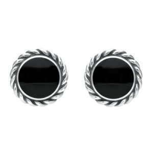 C W Sellors Sterling silver whitby jet large rope edge round stud earrings