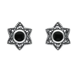 Sterling Silver Whitby Jet Marcasite 6 Point Star Stud Earrings