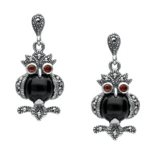 Sterling Silver Whitby Jet Marcasite and Garnet Owl Drop Earrings