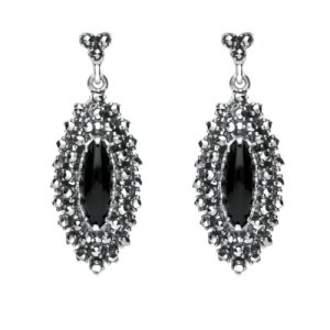 C W Sellors Sterling silver whitby jet marcasite double row drop earrings