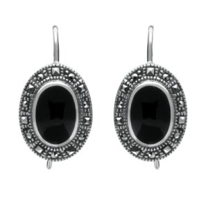 C W Sellors Sterling silver whitby jet marcasite oval drop earrings