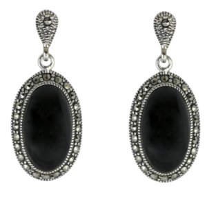 C W Sellors Sterling silver whitby jet marcasite oval star back drop earrings