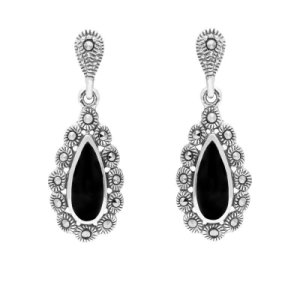 Sterling Silver Whitby Jet Marcasite Pear Centre Round Bead Earrings