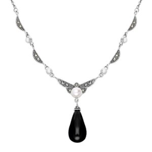 C W Sellors Sterling silver whitby jet marcasite pearl drop necklace