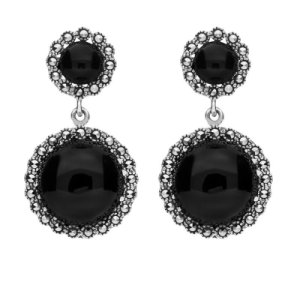 Sterling Silver Whitby Jet & Marcasite Round Double Drop Earrings