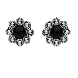 Sterling Silver Whitby Jet Marcasite Round Edge Bead Stud Earrings