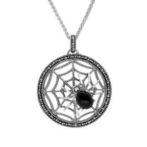 C W Sellors Sterling silver whitby jet marcasite spider web necklace