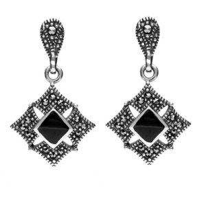 Sterling Silver Whitby Jet Marcasite Square Drop Stud Earrings