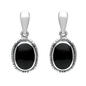 C W Sellors Sterling silver whitby jet oval rope edge drop earrings