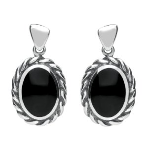 Sterling Silver Whitby Jet Oval Rope Edge Triangle Bail Drop Earrings
