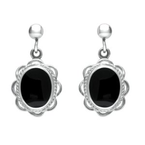 C W Sellors Sterling silver whitby jet oval rope frill drop earrings