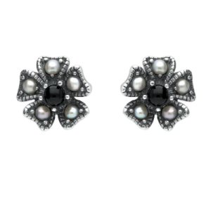 C W Sellors Sterling silver whitby jet & pearl 5 petal stud earrings