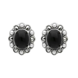 C W Sellors Sterling silver whitby jet pearl marcasite oval beaded edge stud earrings