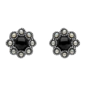 Sterling Silver Whitby Jet Pearl Round Edge Bead Stud Earrings