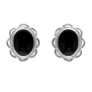 Sterling Silver Whitby Jet Rope Frill Edge Stud Earrings