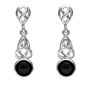 C W Sellors Sterling silver whitby jet round celtic dropper earrings