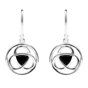 Sterling Silver Whitby Jet Round Celtic Knot Hook Earrings
