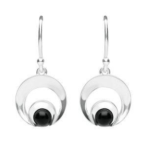 Sterling Silver Whitby Jet Round Open Circle Drop Earrings
