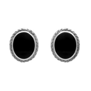 Sterling Silver Whitby Jet Small Oval Rope Edge Stud Earrings