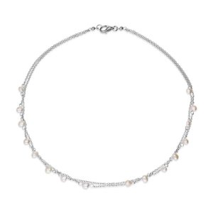 Sterling Silver White and Silver Pearl Double Chain Necklace