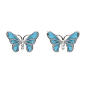 Sterling Silver White Sapphire Blue Enamel House Style Butterfly Stud Earrings