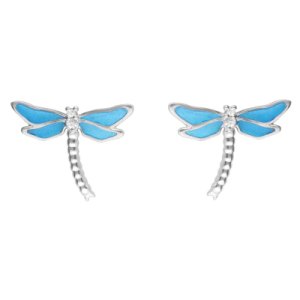Sterling Silver White Sapphire Blue Enamel House Style Dragonfly Stud Earrings