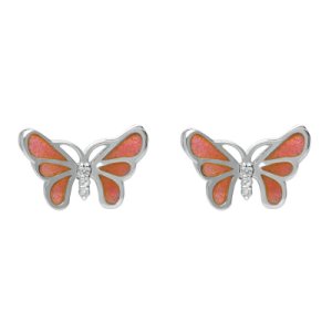 Sterling Silver White Sapphire Red Enamel House Style Butterfly Stud Earrings