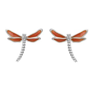 Sterling Silver White Sapphire Red Enamel House Style Dragonfly Stud Earrings