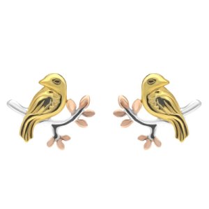 C W Sellors Sterling silver yellow and rose gold bird stud earrings