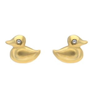 Sterling Silver Yellow Gold and Cubic Zirconia Duck Stud Earrings