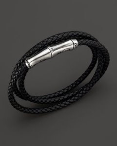 John Hardy Men's Bamboo Silver Black Leather Triple Wrap Bracelet