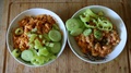 Delicious Vegan Dish, Tomato Pasta With Chopped Vegetables, Fresh Cucumber, Swee