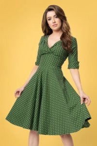 Unique Vintage 50s delores dot swing dress in green and white
